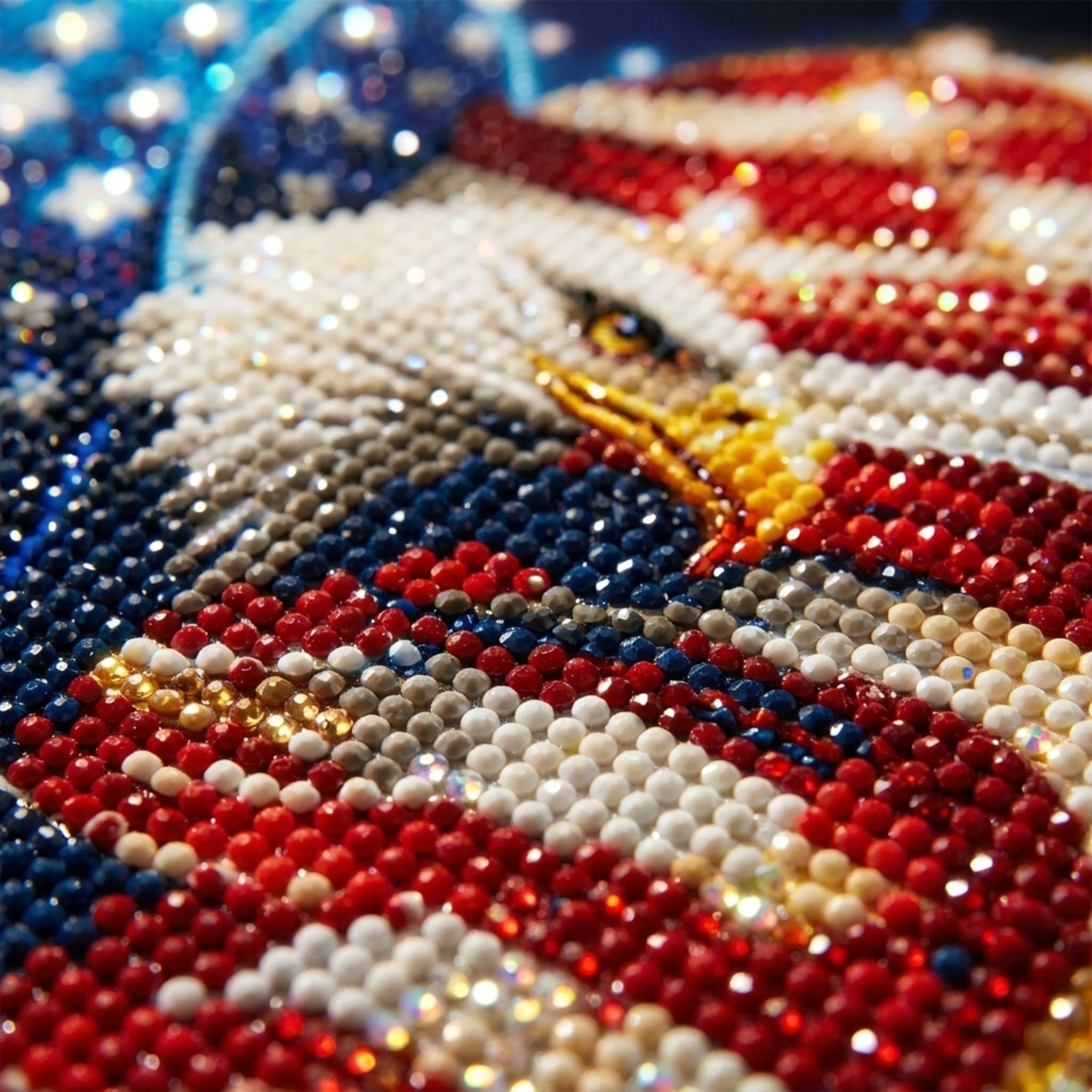 Close-up of finished American flag heart diamond painting showing sparkling round AB diamonds