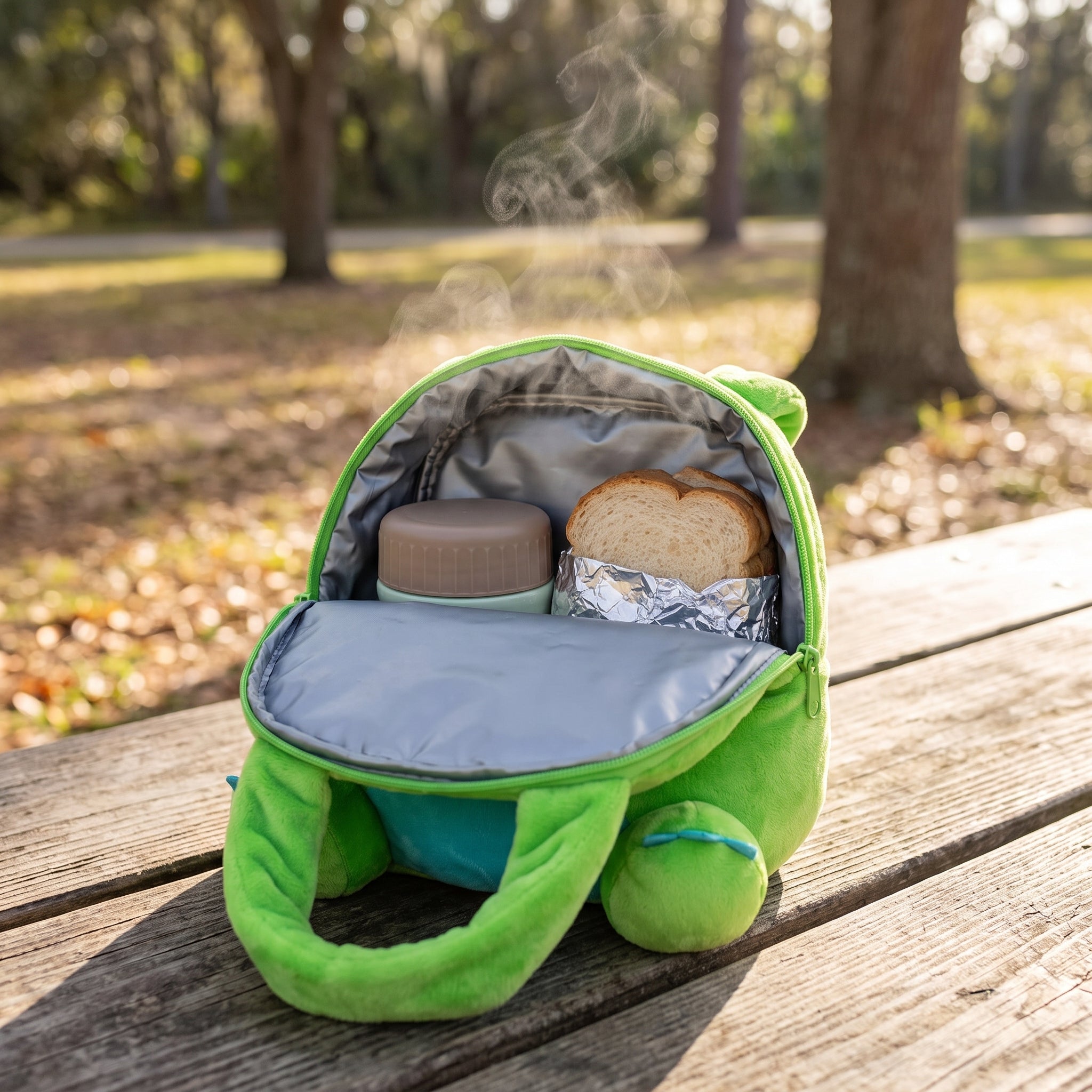 Insulated Lunch Bag Childrens Plush Animal Machine Washable - in-use
