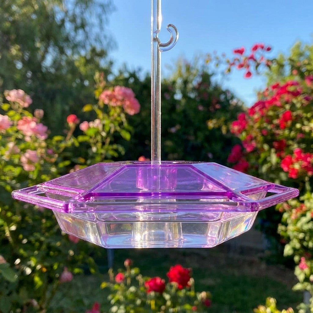 hummingbird nectar feeder in use, lifestyle scene