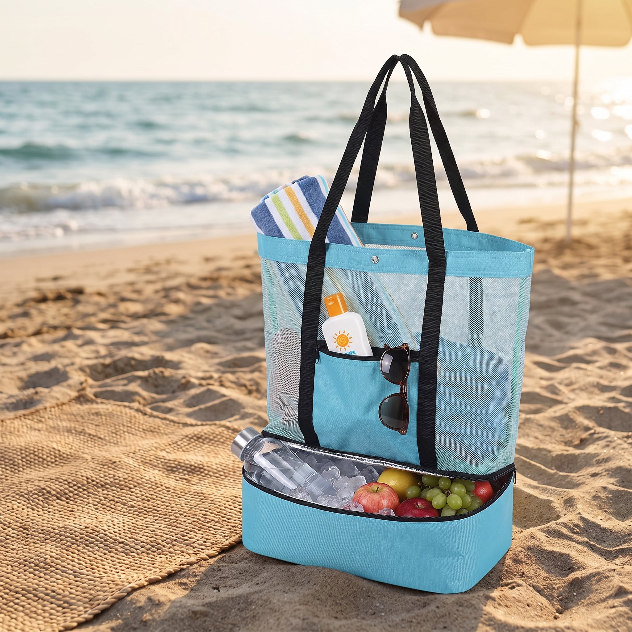 Portable Cooler Soft Lunch Bag Mesh Insulated Beach Tote - in-use