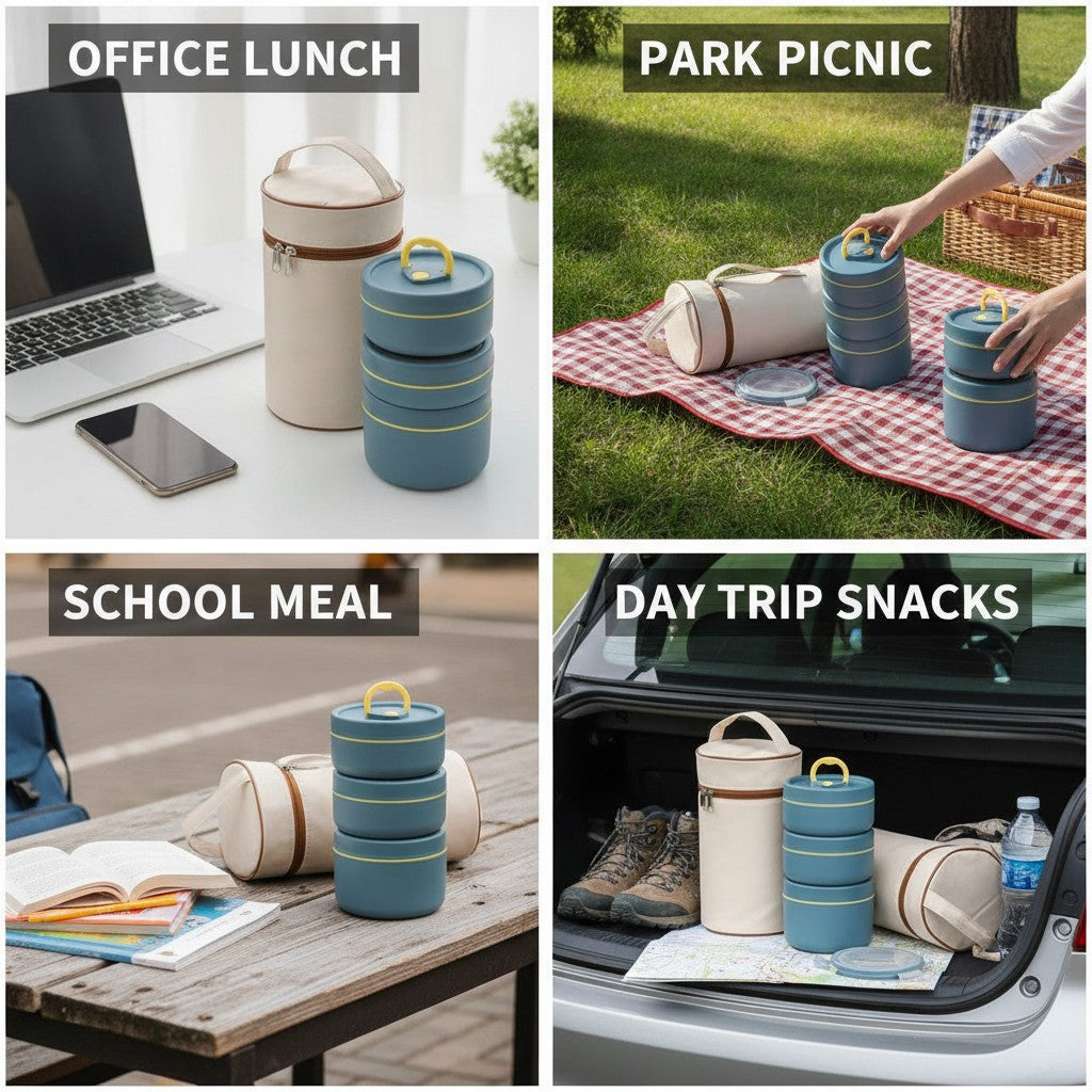 bento lunch box set shown in multiple settings