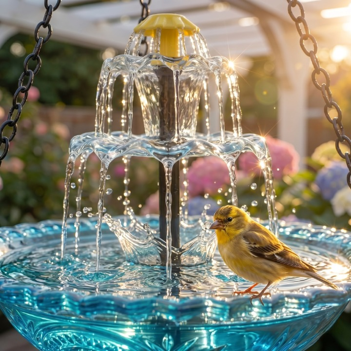 Bird Bath with Fountain Hanging Two-Tier Blue Glass Garden Decor - Image 3