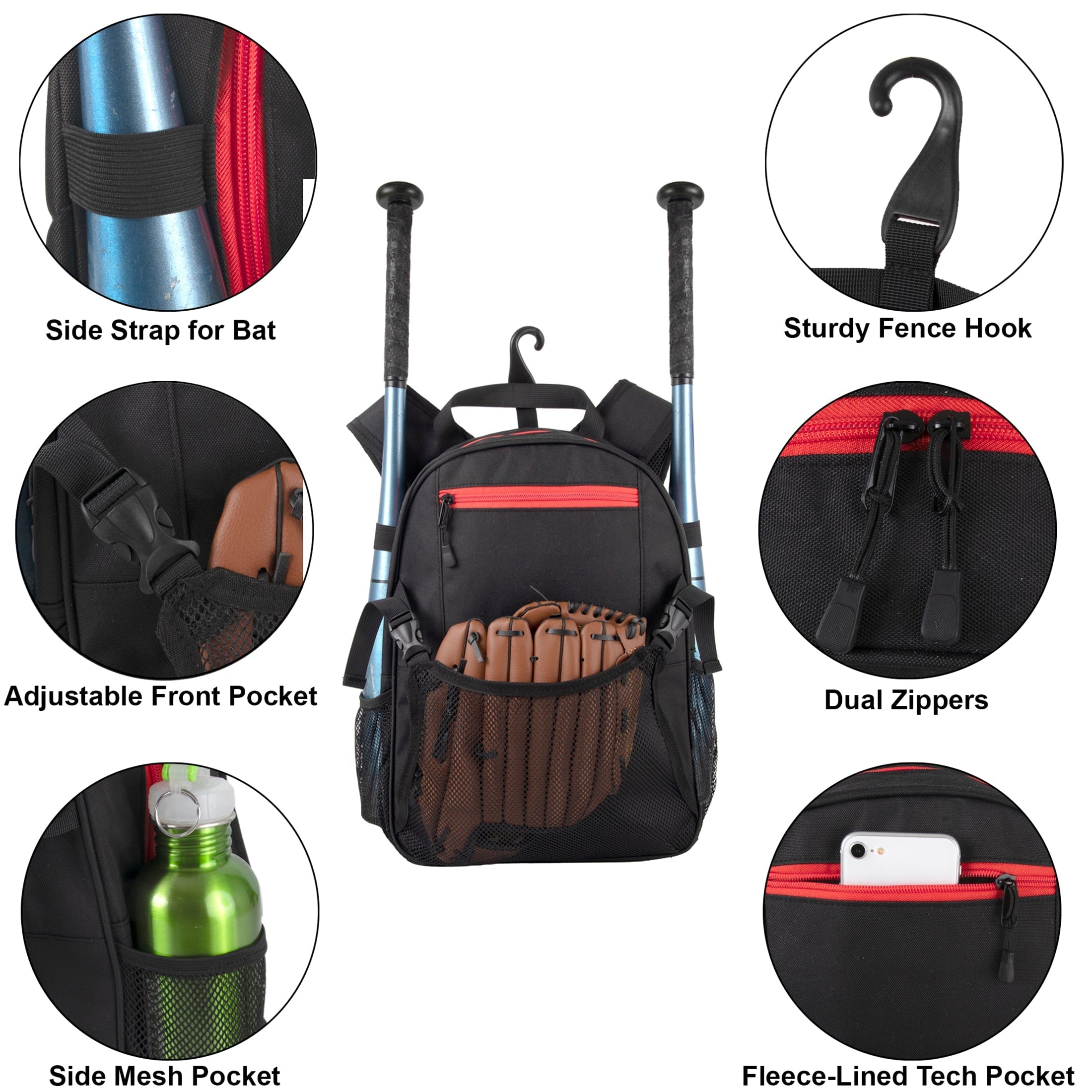 Black Backpack Sports Youth Baseball Bat Glove Pockets - Image 3