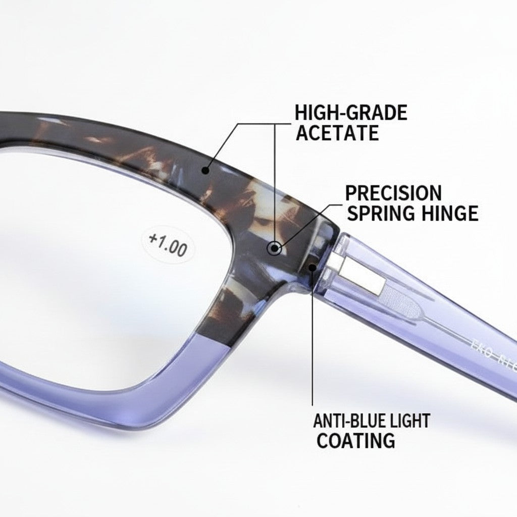 blue light reading glasses close-up construction and materials