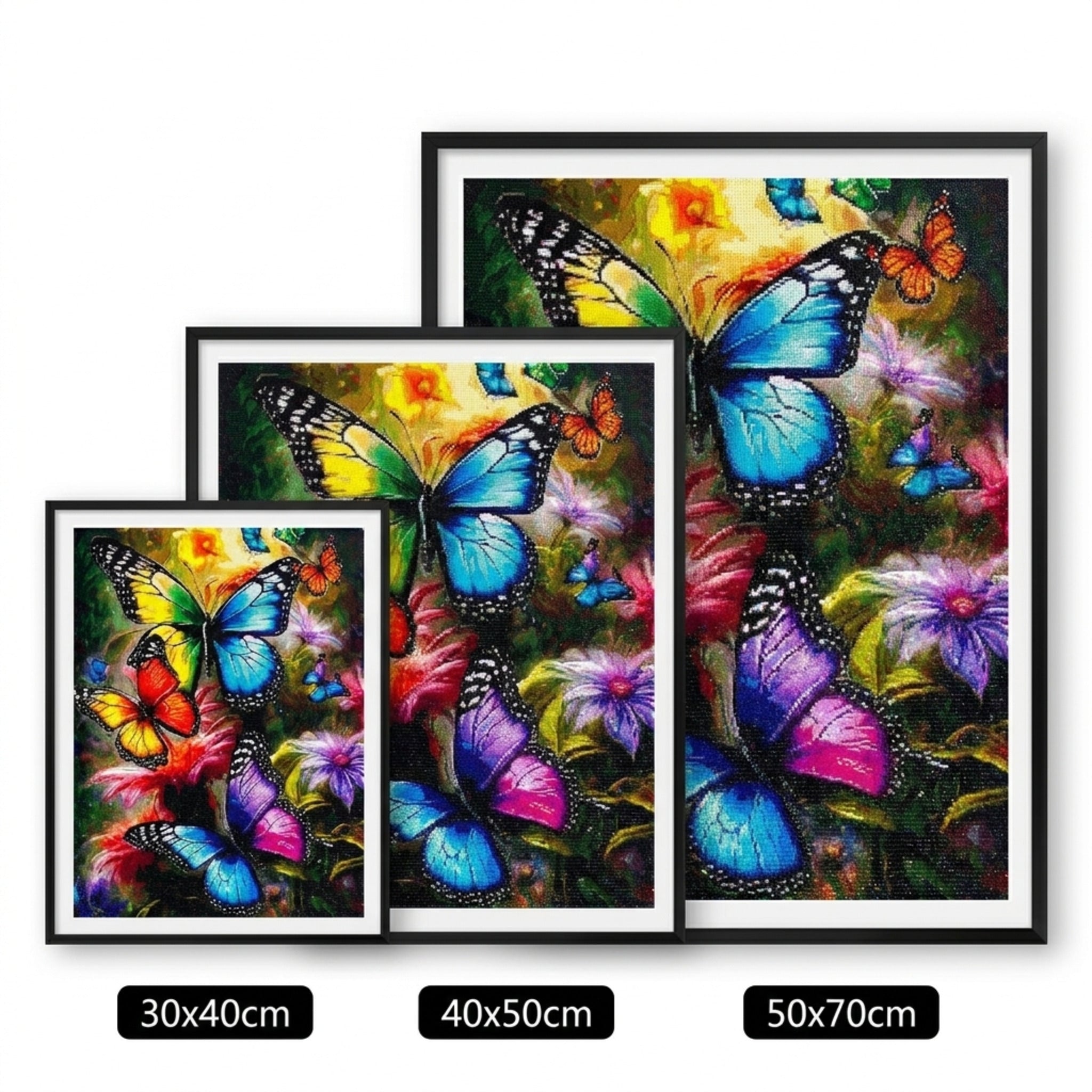 Butterfly diamond painting size comparison 30x40, 40x50, 50x70 cm
