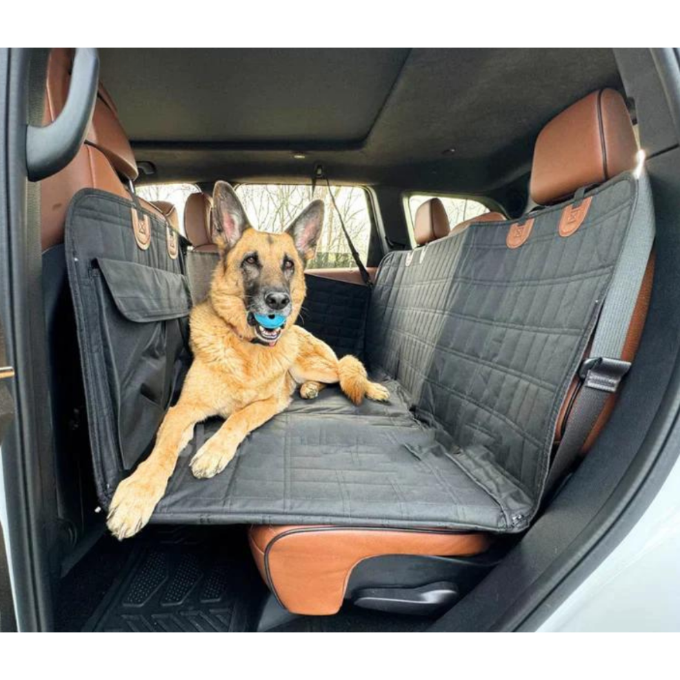 Car Seat Cover Dog Back Seat Cover Quilted Hammock Black Tan Accents - Image 1