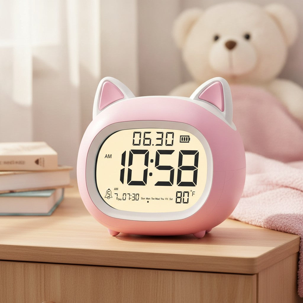 cat kids alarm clock in use, lifestyle scene