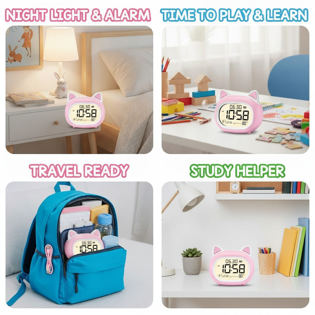 cat kids alarm clock shown in multiple settings