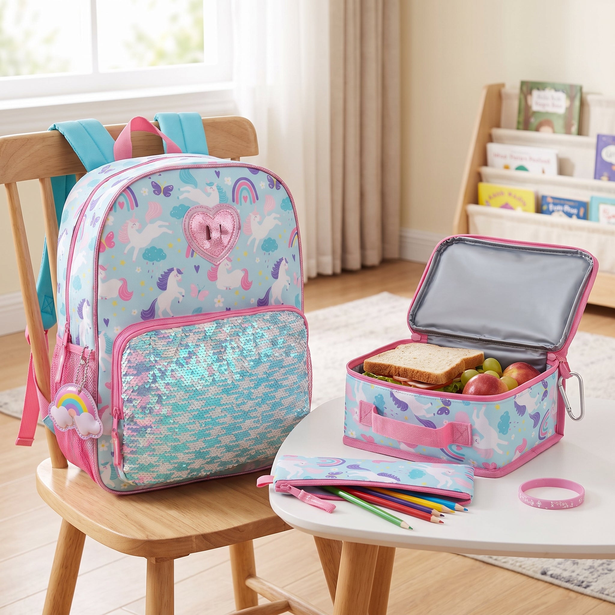 Childrens Backpack Girls Unicorn Sequin 6-Piece Set - in-use