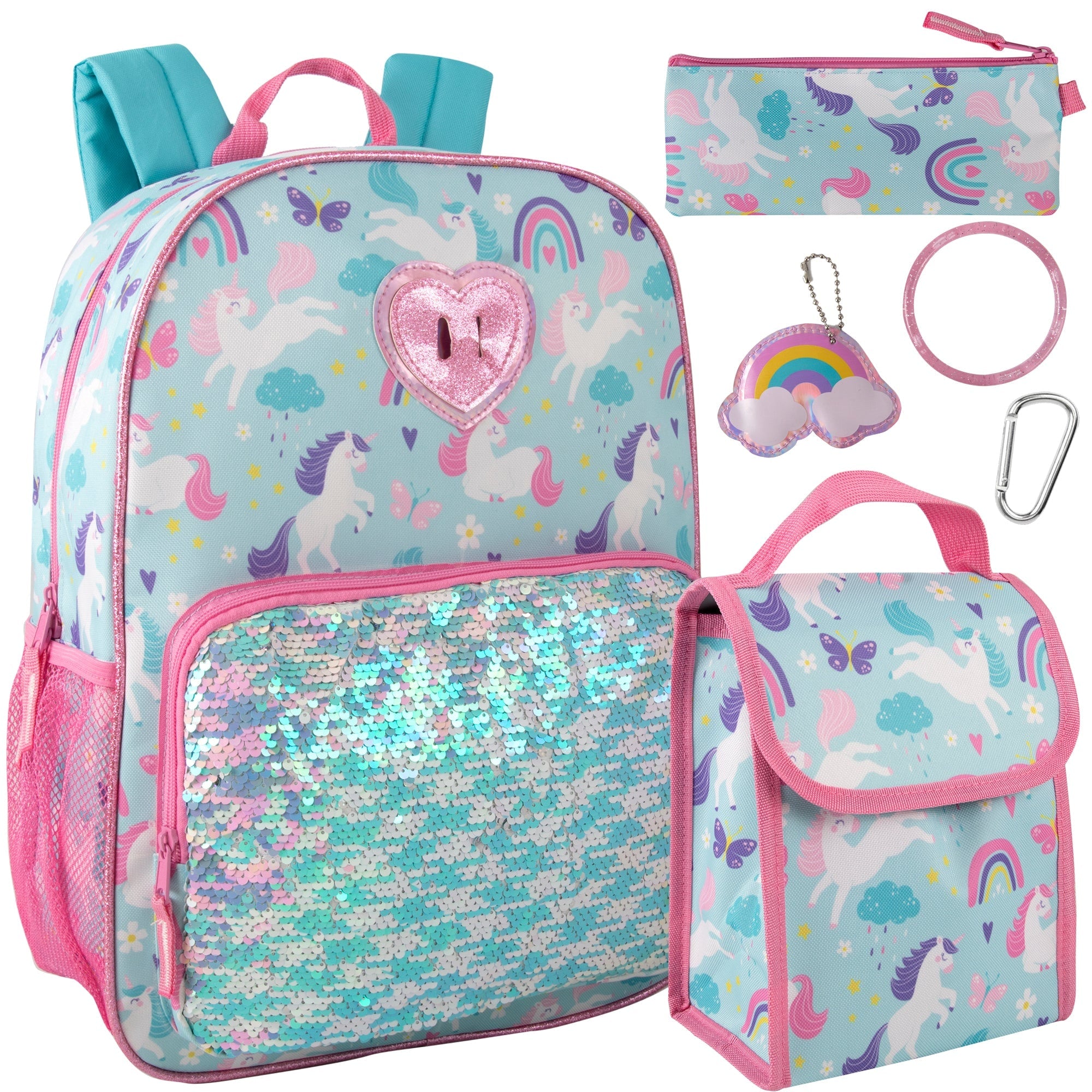 Childrens Backpack Girls Unicorn Sequin 6-Piece Set - Image 1