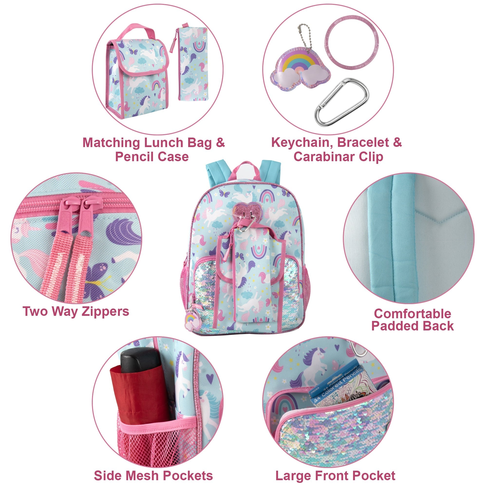 Childrens Backpack Girls Unicorn Sequin 6-Piece Set - Image 5