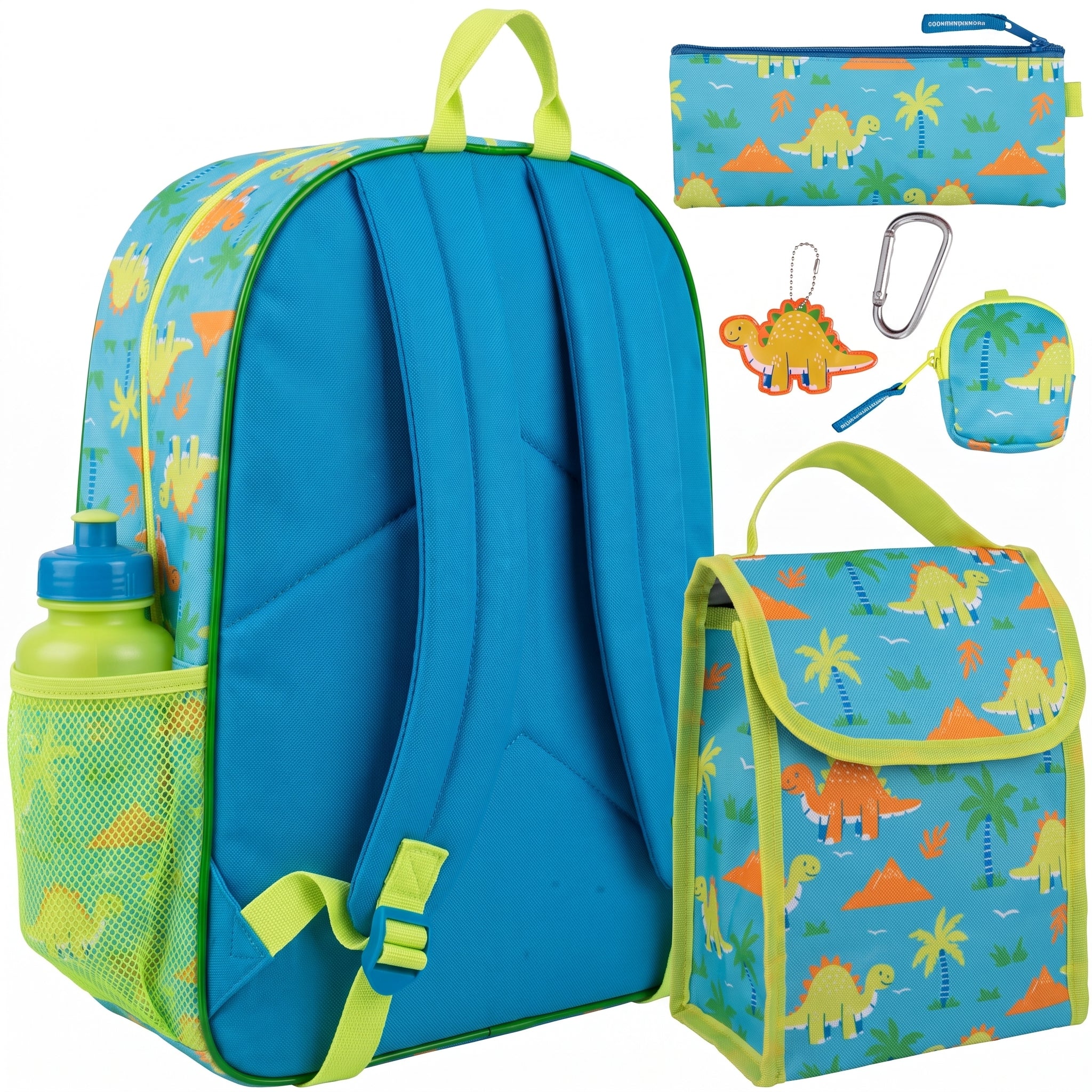 Lunch Bag Insulated Childrens Dinosaur Backpack Set Blue Green Trim - angle
