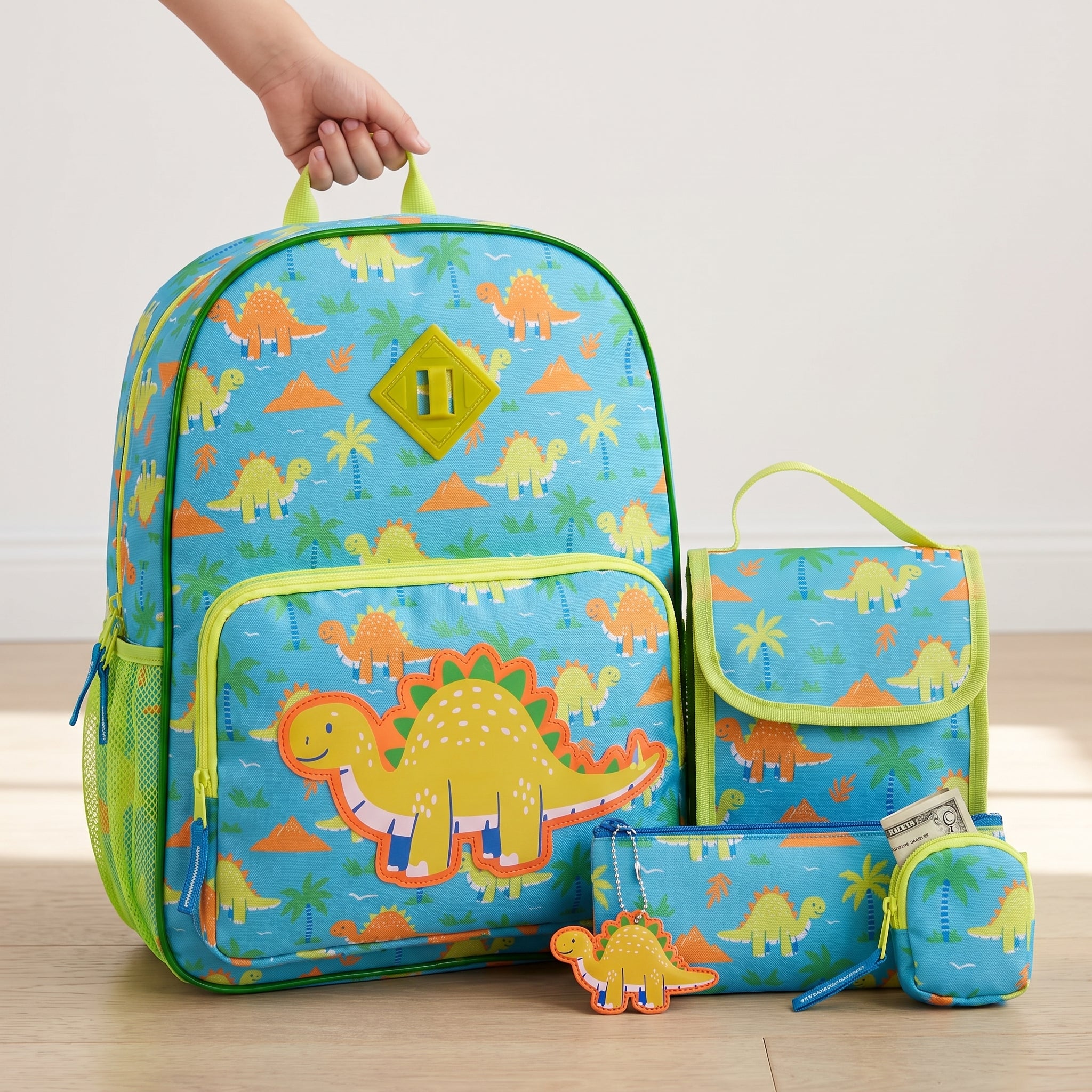 Lunch Bag Insulated Childrens Dinosaur Backpack Set Blue Green Trim - scale