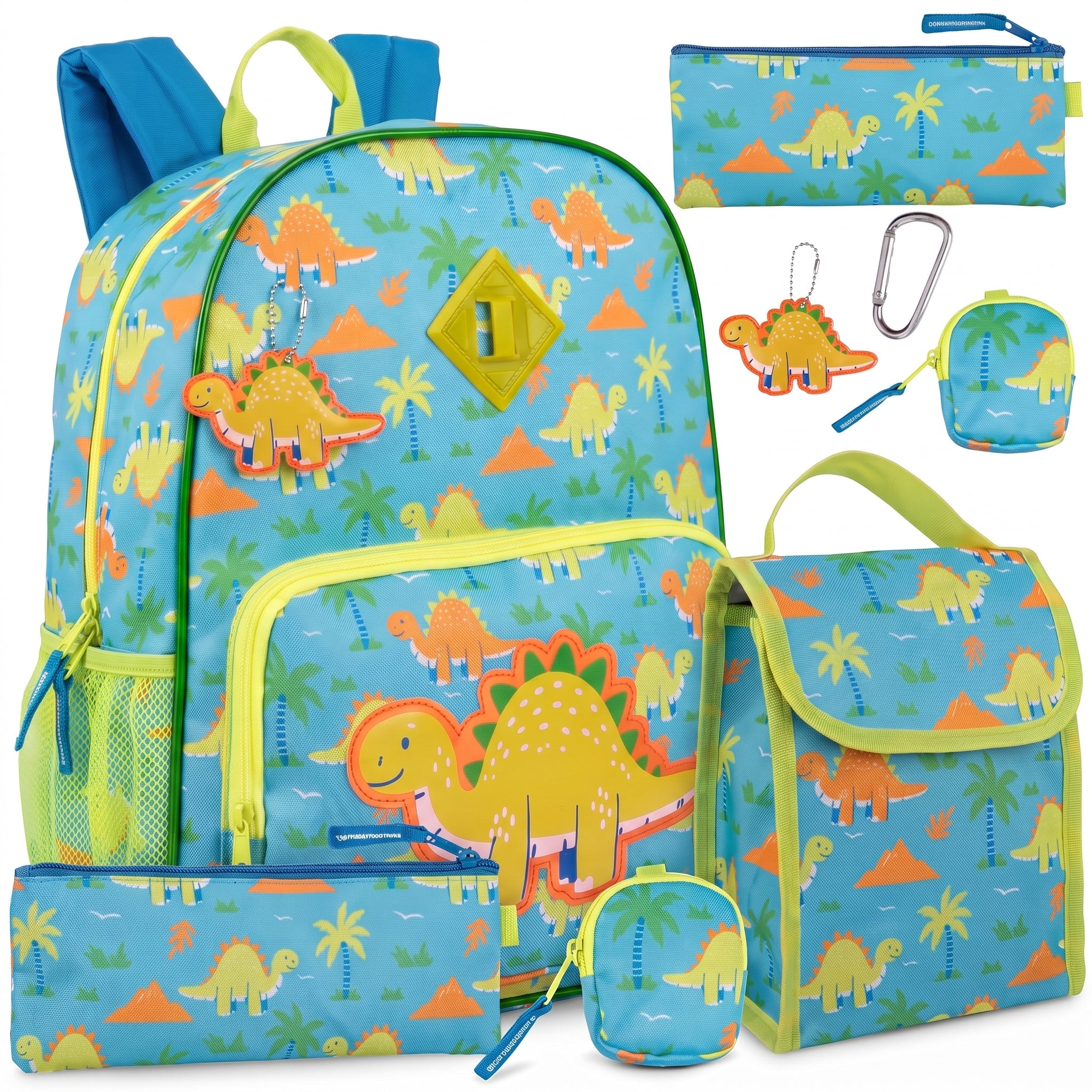 Lunch Bag Insulated Childrens Dinosaur Backpack Set Blue Green Trim - studio