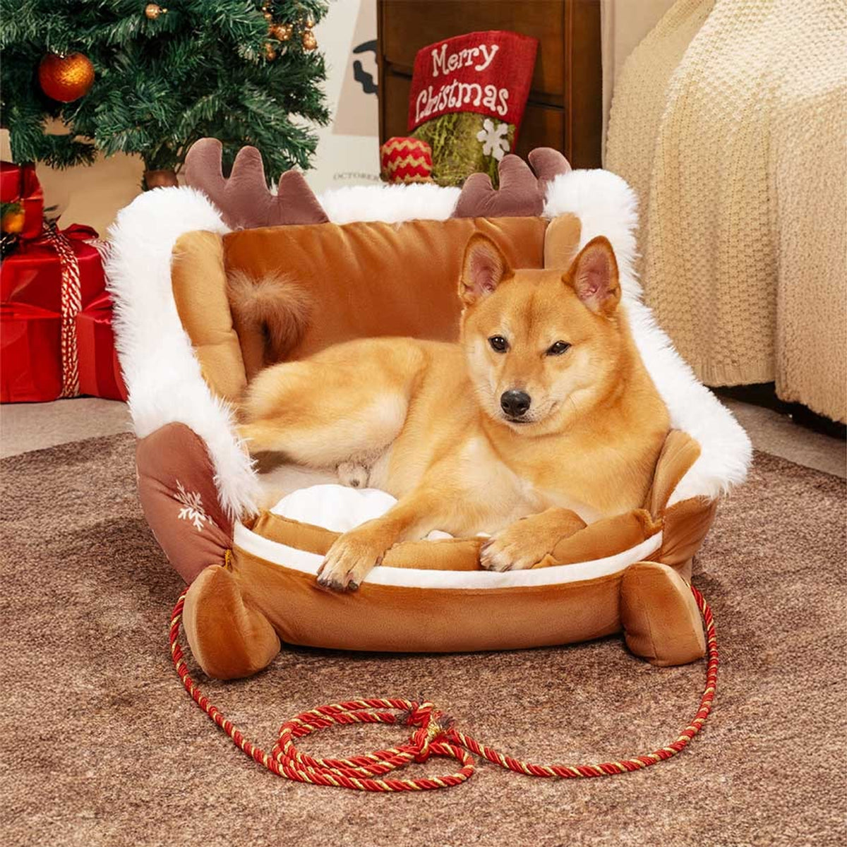 Christmas Sleigh Dog Bed With Plush Velvet And Non-Slip Bottom - Image 7