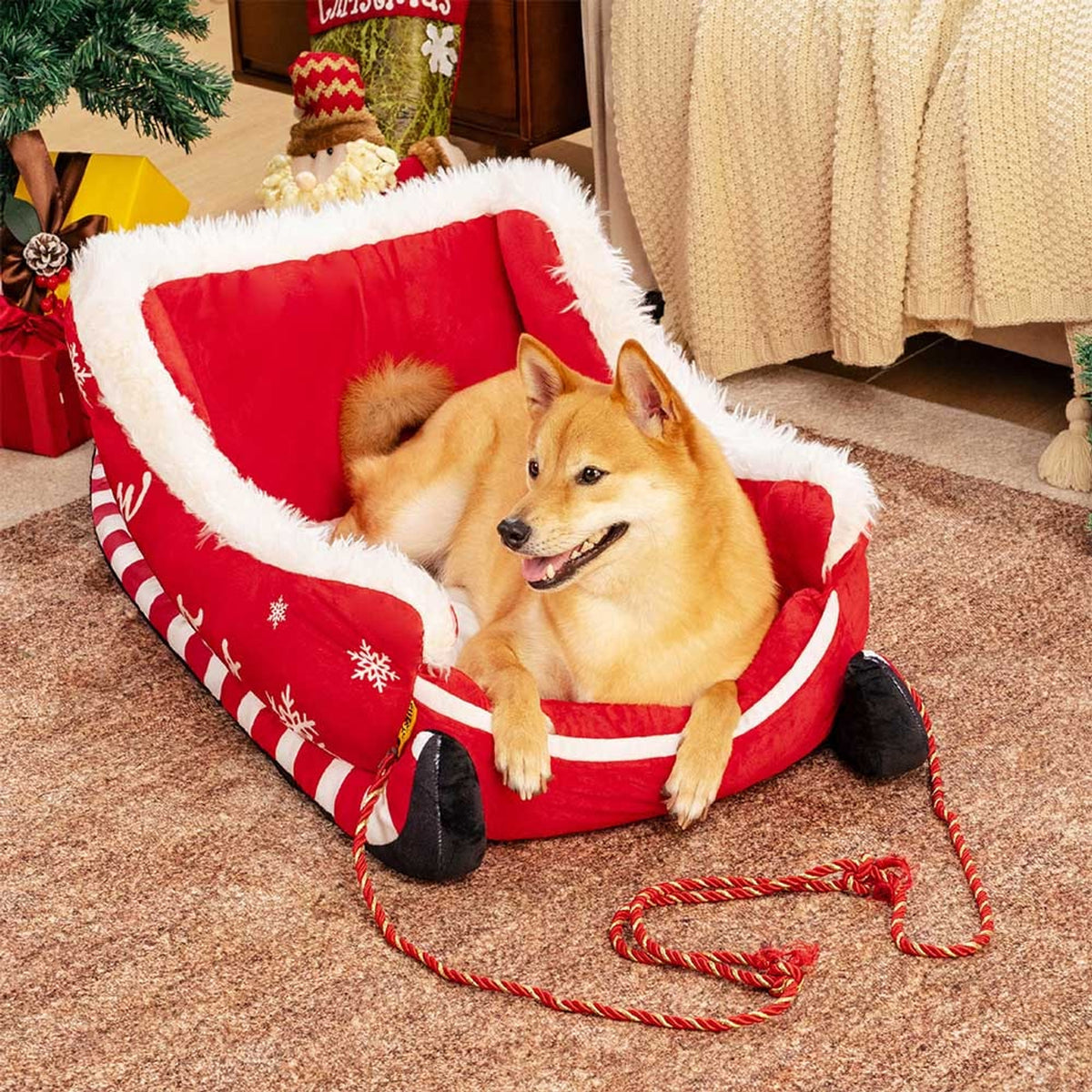 Christmas Sleigh Dog Bed With Plush Velvet And Non-Slip Bottom - Image 2