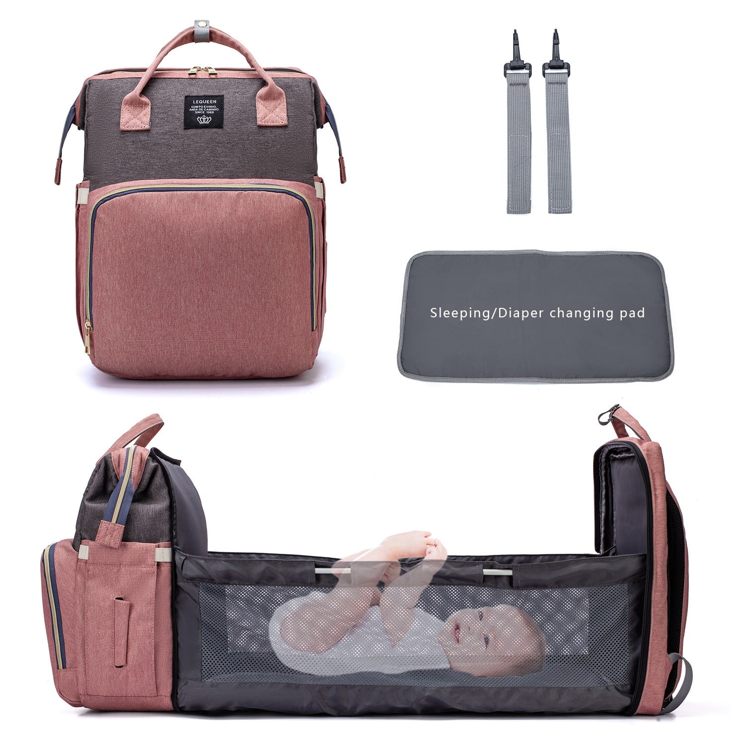 Convertible Diaper Bag Backpack Heathered Grey, Pink, Or Black - Image 25