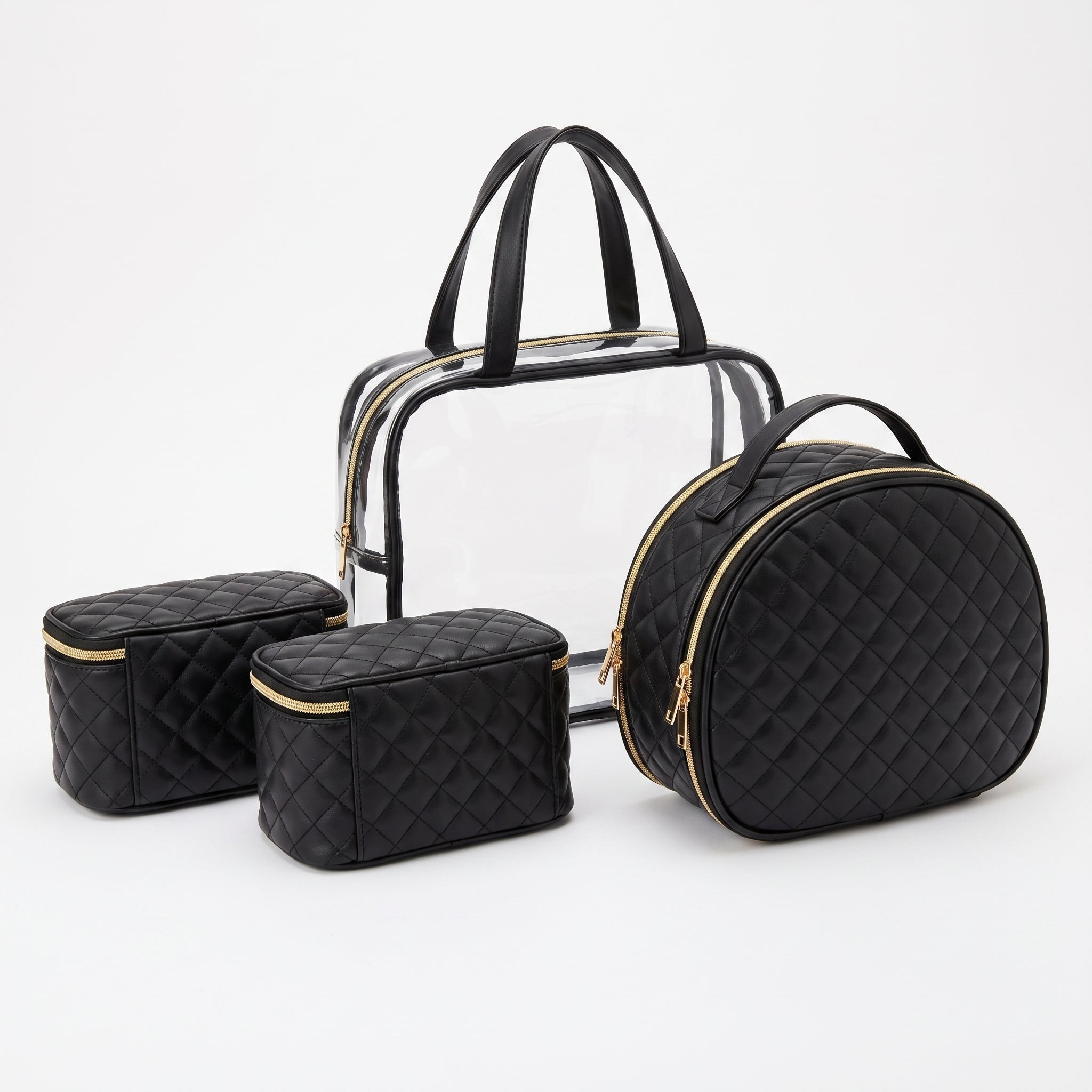 Travel Bag Cosmetic Organizer Clear Black Quilted Makeup Case Set - angle