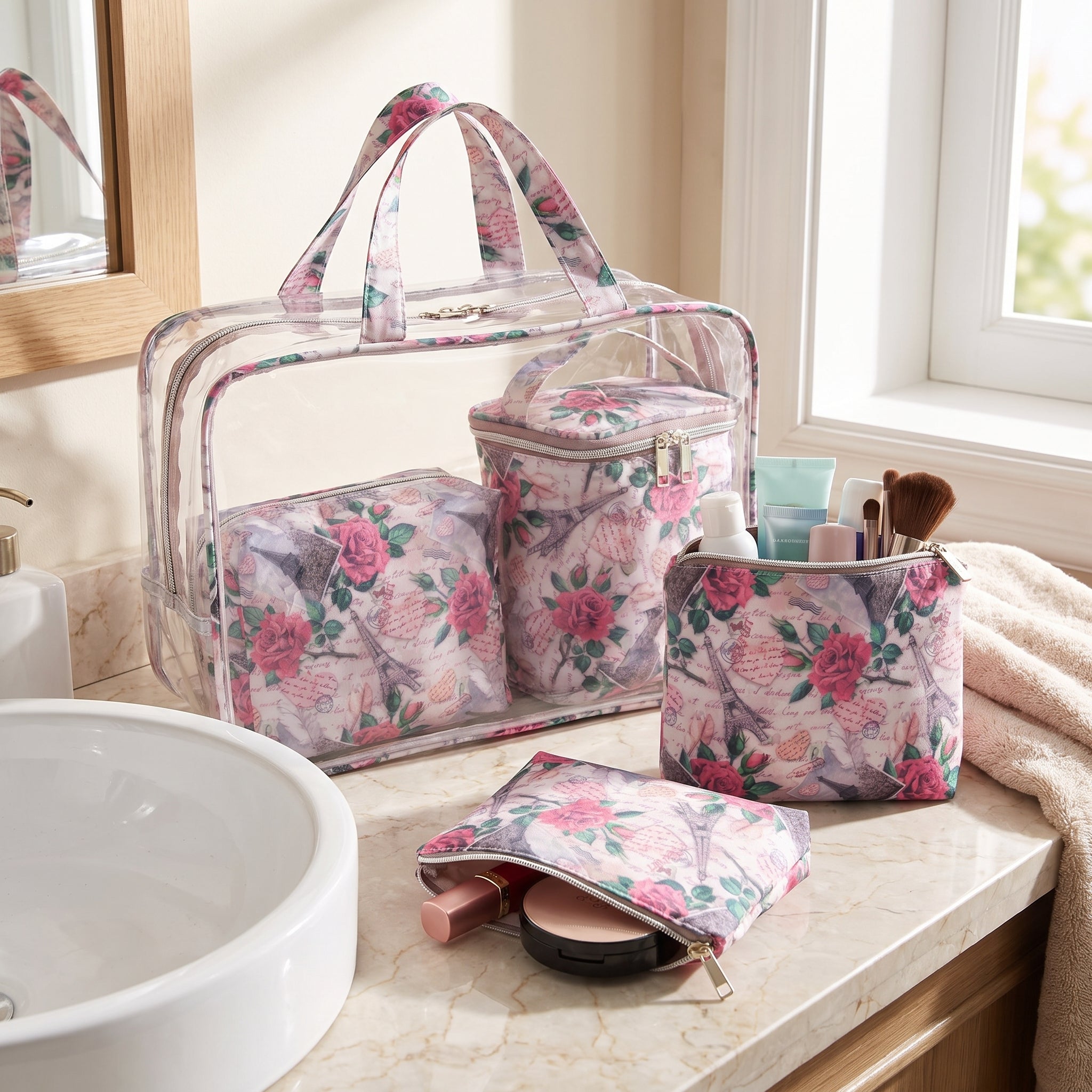 Women's Cosmetic Travel Bag Set Pink Floral Paris Theme - hero