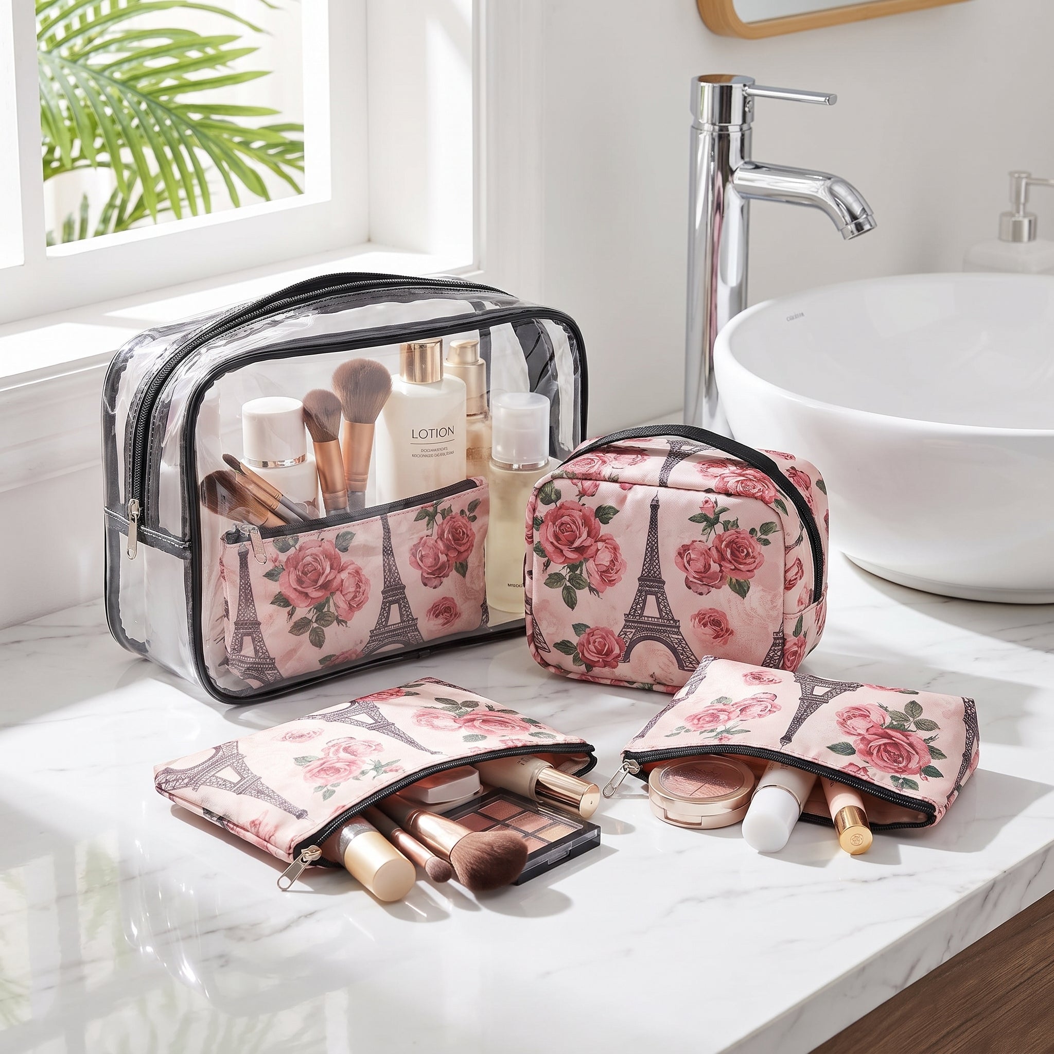 Women's Cosmetic Travel Bag Set Pink Floral Paris Theme - in-use