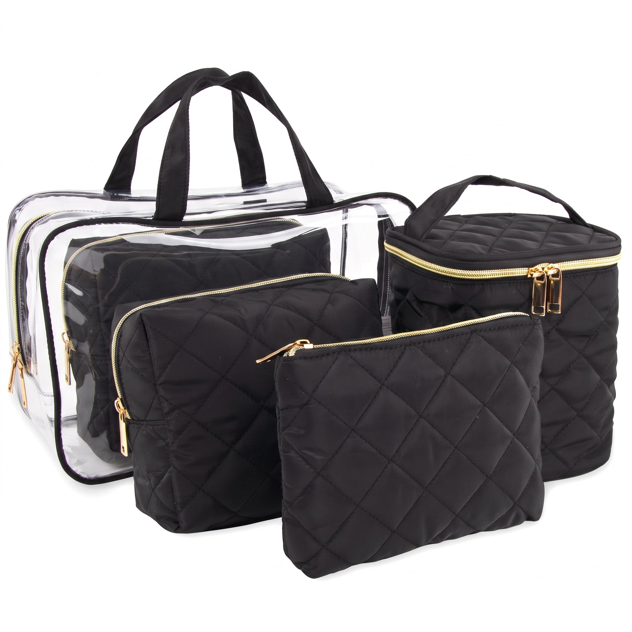 Travel Bag Cosmetic Organizer Clear Black Quilted Makeup Case Set - studio
