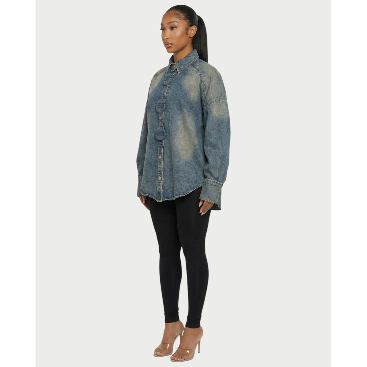 Denim Shirt Jacket with Relaxed Oversized Fit and Washed Finish - Image 3