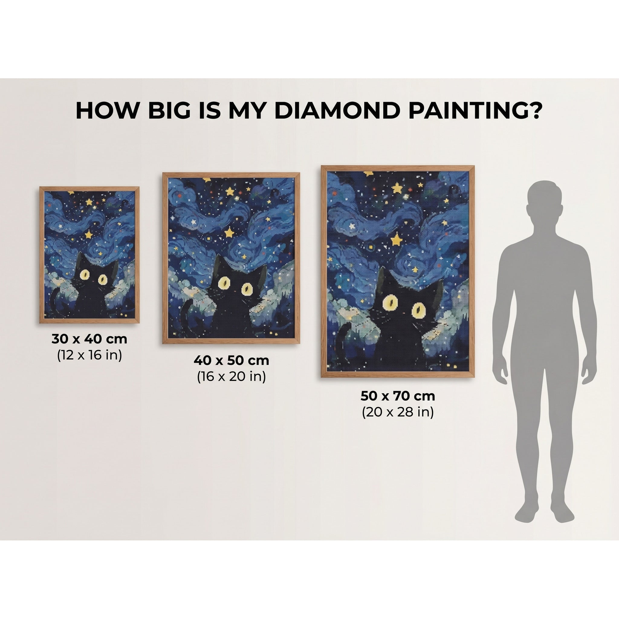 Cat diamond painting size comparison 30x40, 40x50, 50x70 cm