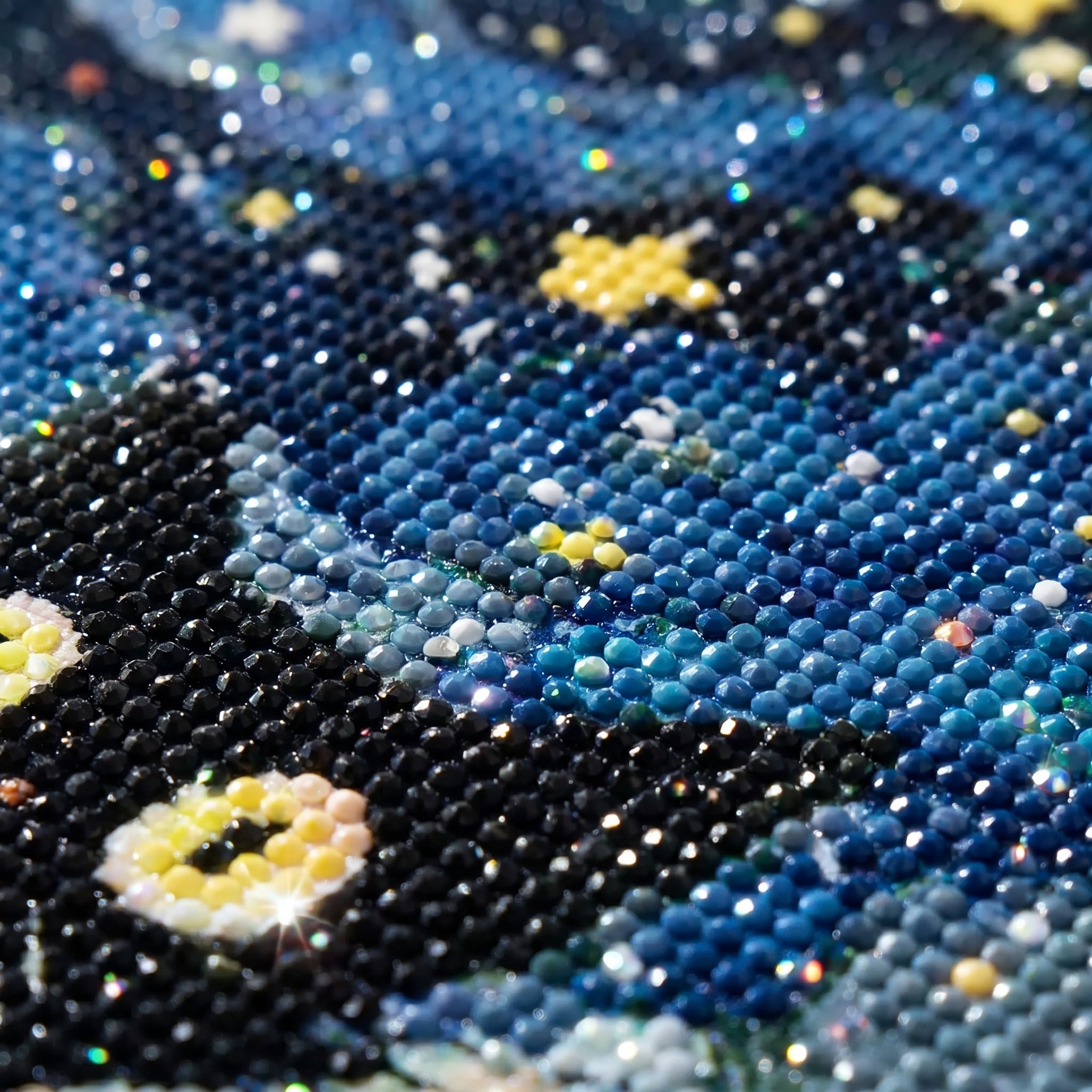Close-up of finished cat diamond painting showing sparkling round AB diamonds