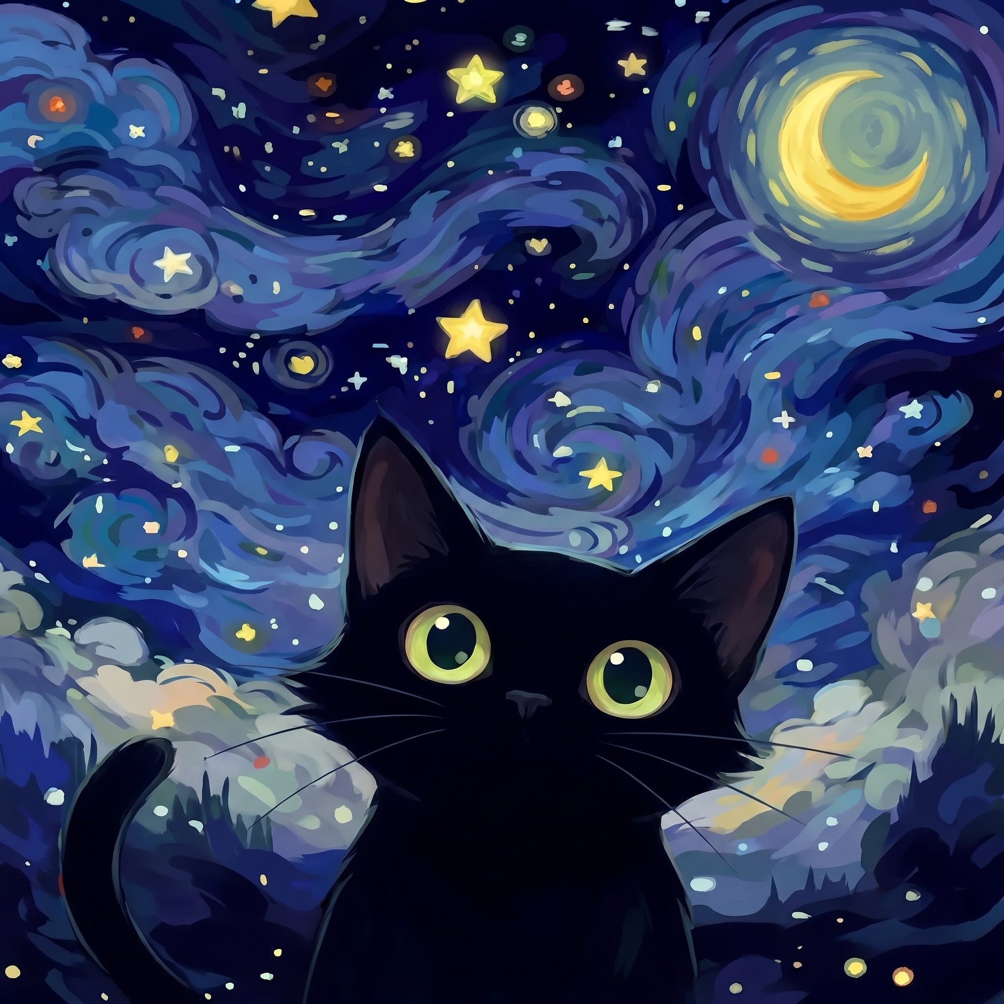Cat diamond painting design, black cat on a starry night sky