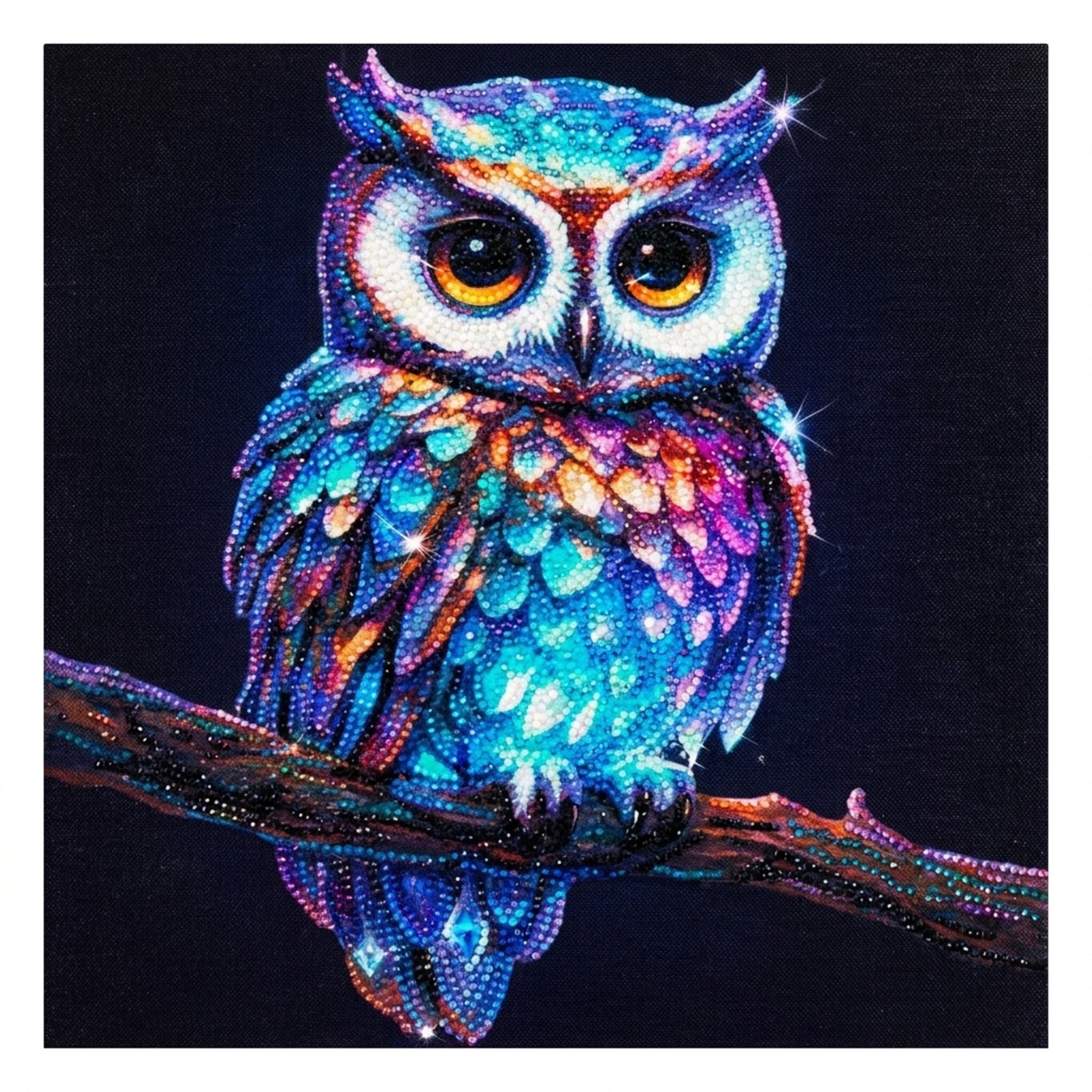 Owl diamond painting design with colorful jewel-tone mosaic plumage
