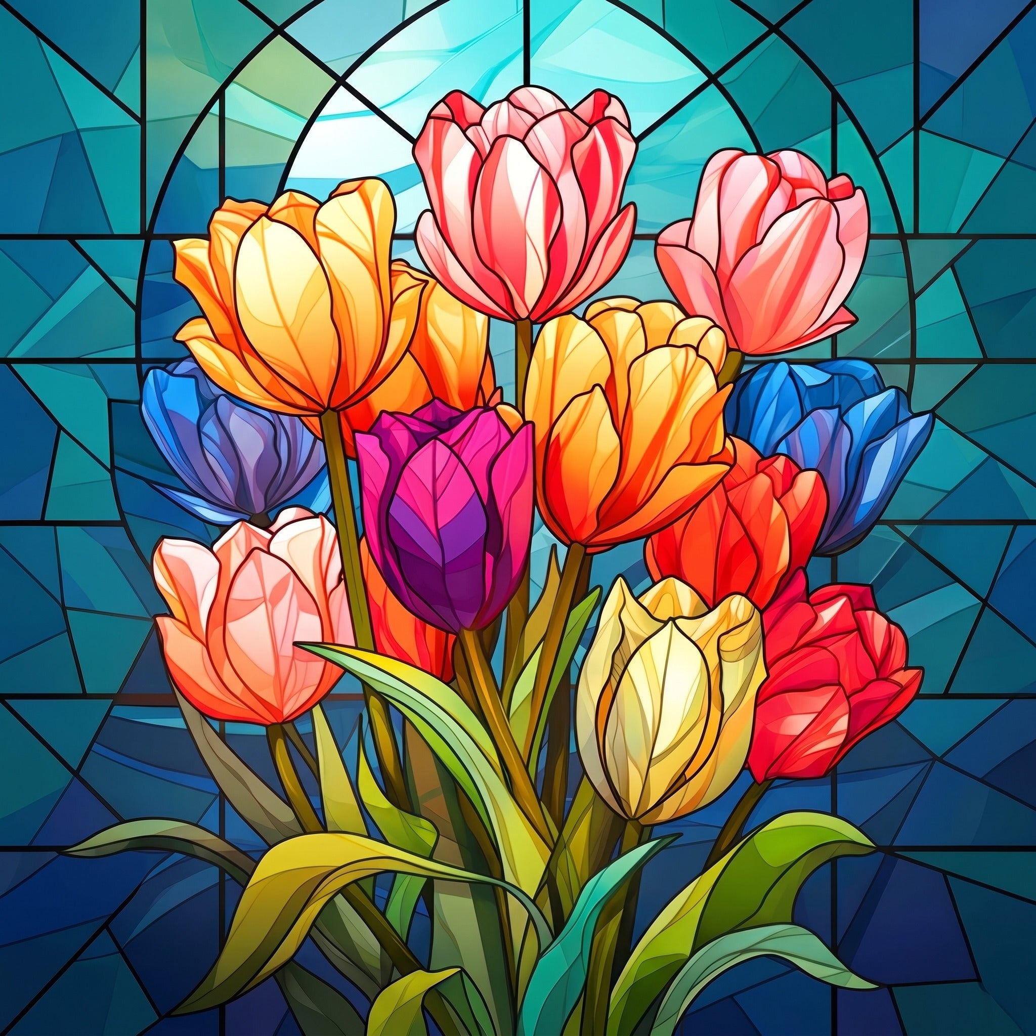 Tulip diamond painting design, stained glass tulip bouquet