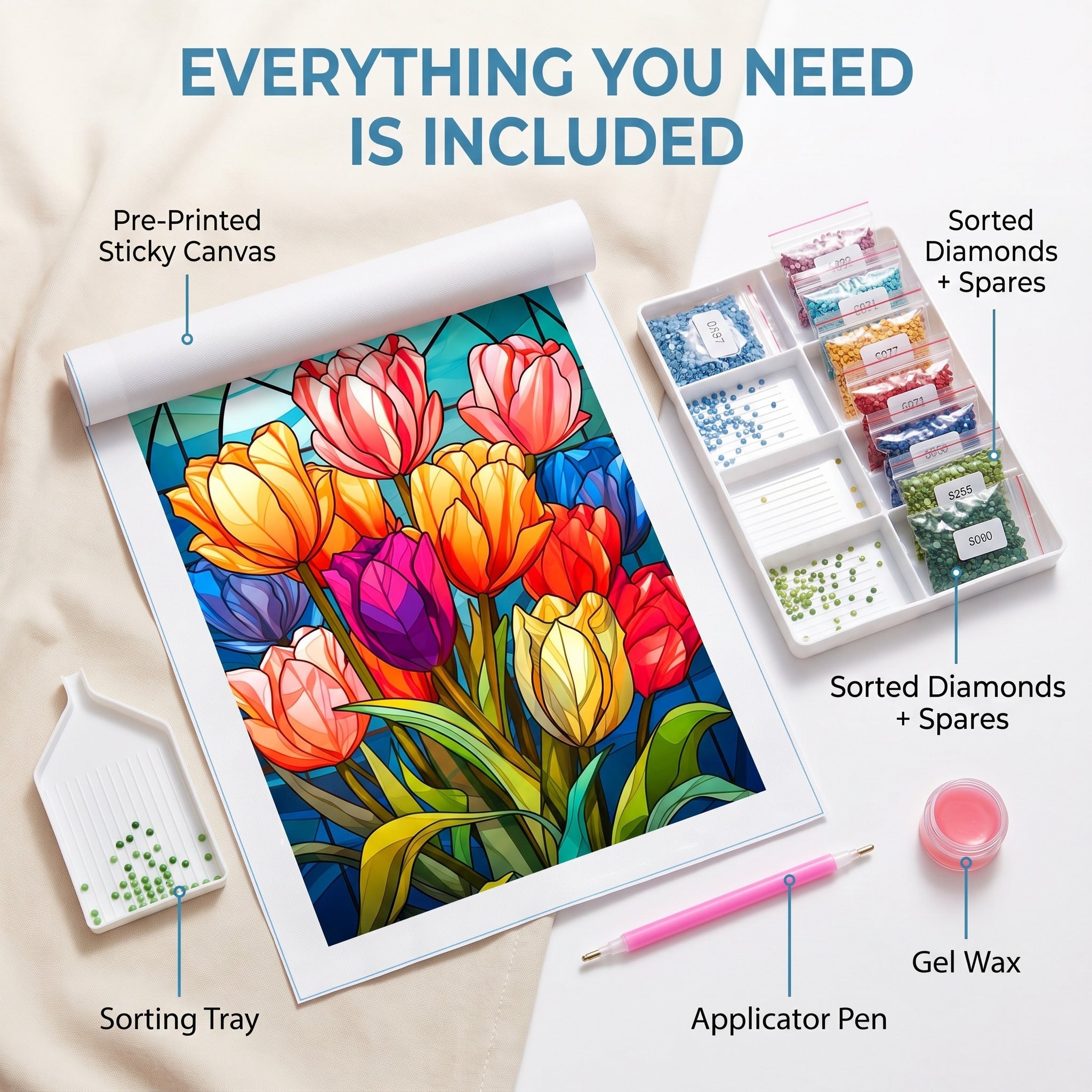 Diamond painting kit contents - canvas, diamonds, pen, wax, sorting tray