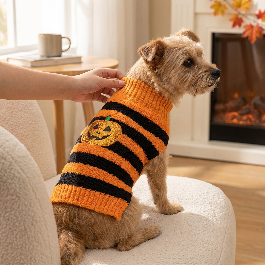 Halloween Costume Dog Sweater Knitted Striped Cozy Sweater for Dogs - in-use