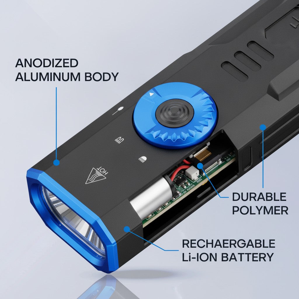 edc pocket flashlight close-up construction and materials
