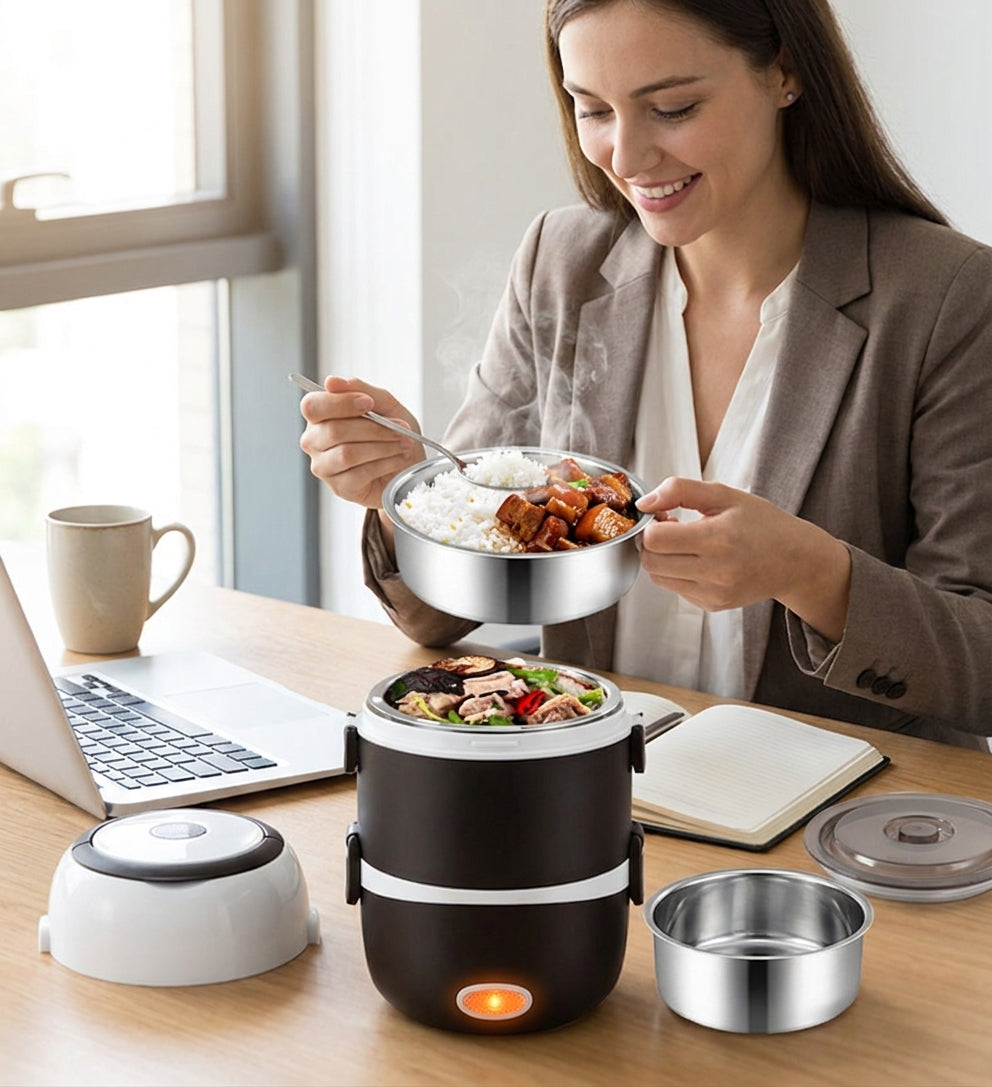 Lunch Box Electric Food Warmer Portable Electric Cooker Black White - in-use