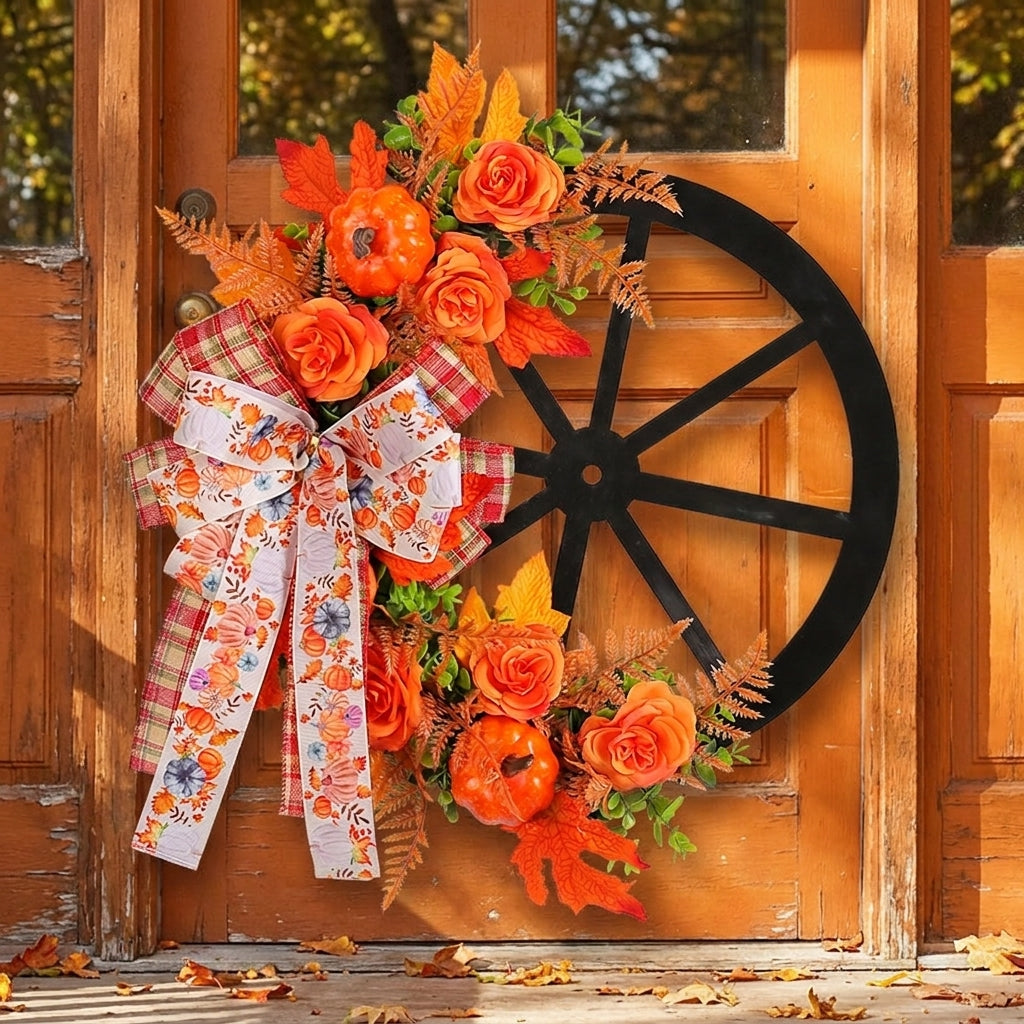 Thanksgiving Decorations Front Door Fall Wreath Autumn Wagon Wheel Bow - hero