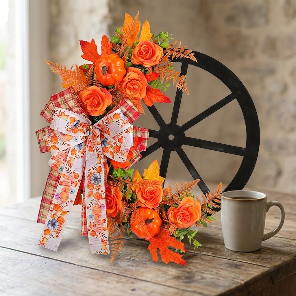 Thanksgiving Decorations Front Door Fall Wreath Autumn Wagon Wheel Bow - scale