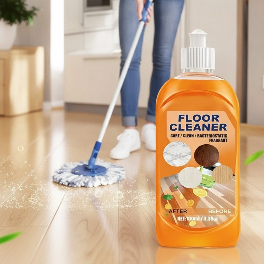 floor cleaner bottle in use, lifestyle scene
