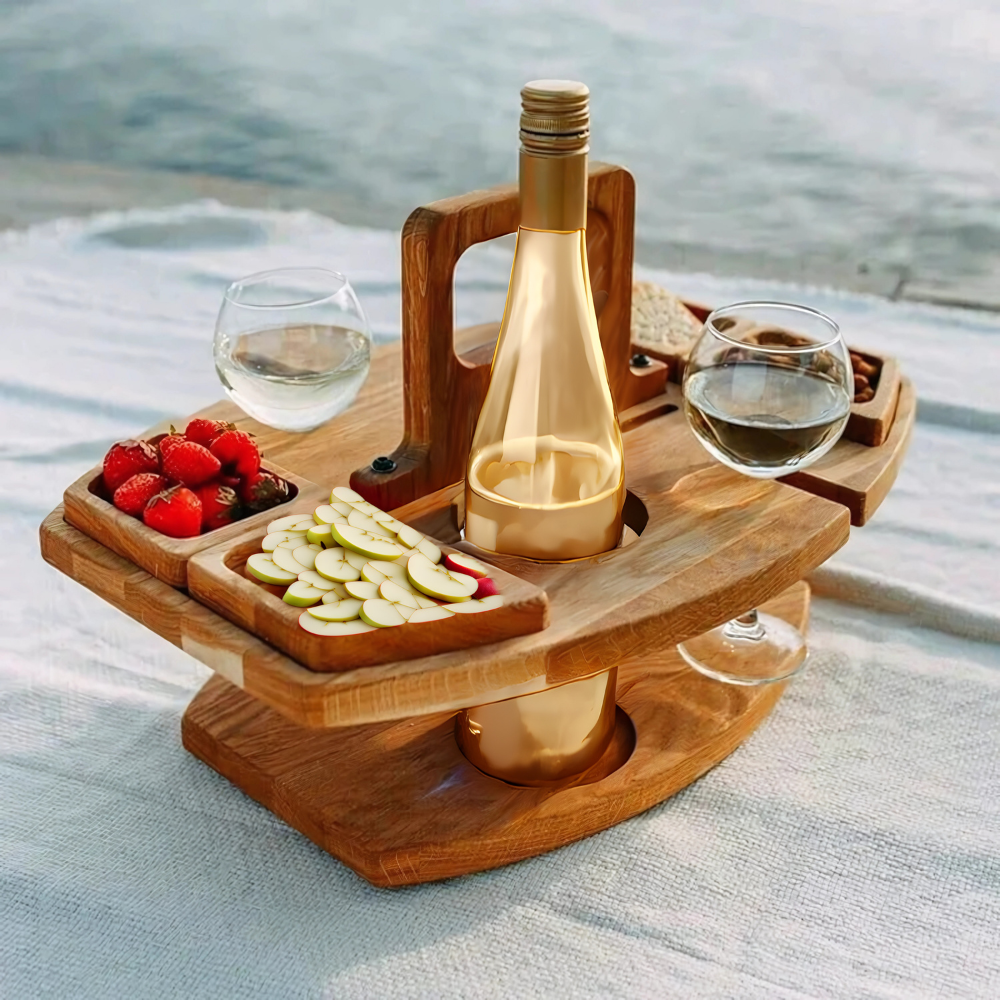 Foldable Picnic Table Outdoor Wooden Wine Bottle Holder Collapsible - Image 1