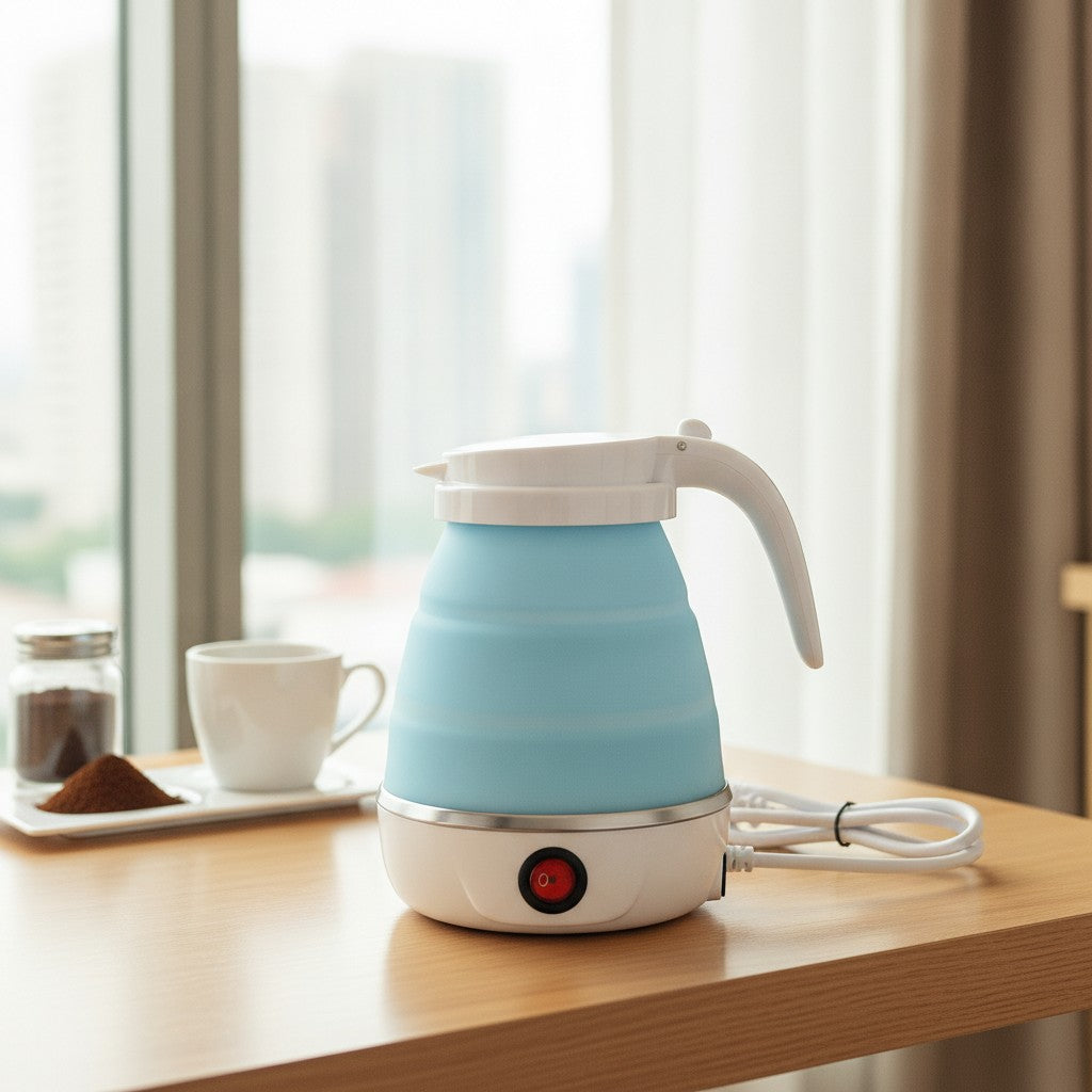 folding electric kettle in use, lifestyle scene