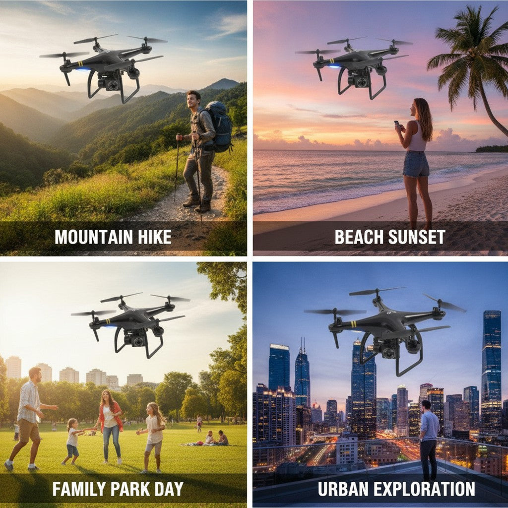 gps camera drone shown in multiple settings