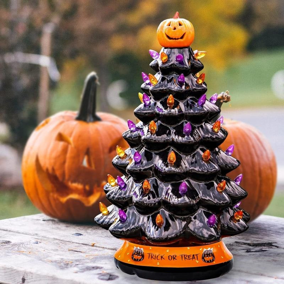 Halloween Christmas Tree Lighted Ceramic Tabletop With Jack-o-lantern Topper And Multi-colored Lights - Image 1