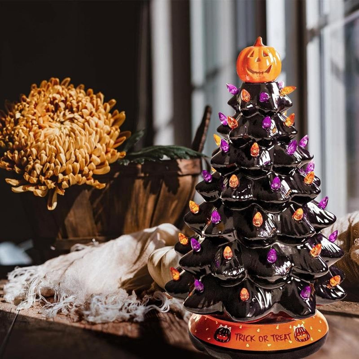 Halloween Christmas Tree Lighted Ceramic Tabletop With Jack-o-lantern Topper And Multi-colored Lights - Image 5
