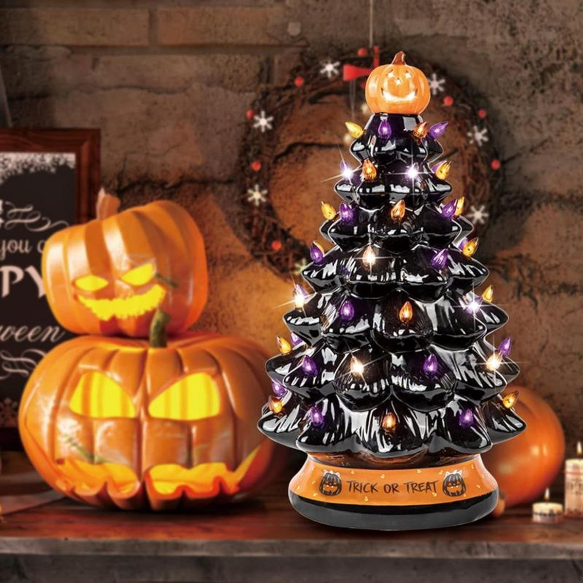 Halloween Christmas Tree Lighted Ceramic Tabletop With Jack-o-lantern Topper And Multi-colored Lights - Image 4