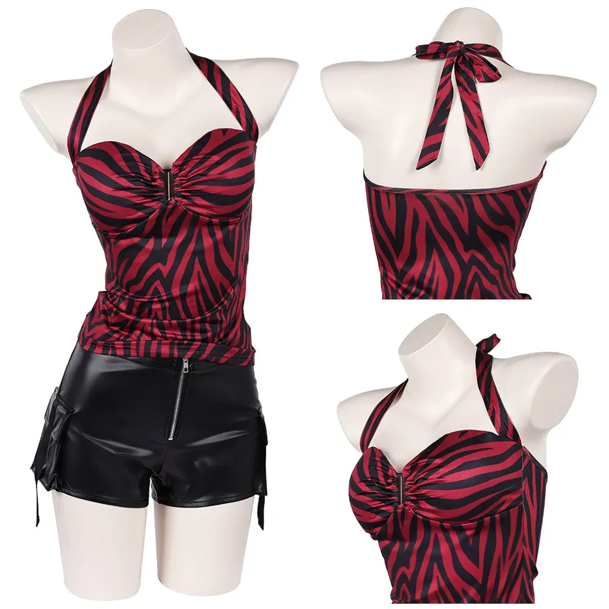 Halloween Costume With Zebra-Print Halter And Faux Leather Shorts - Image 2