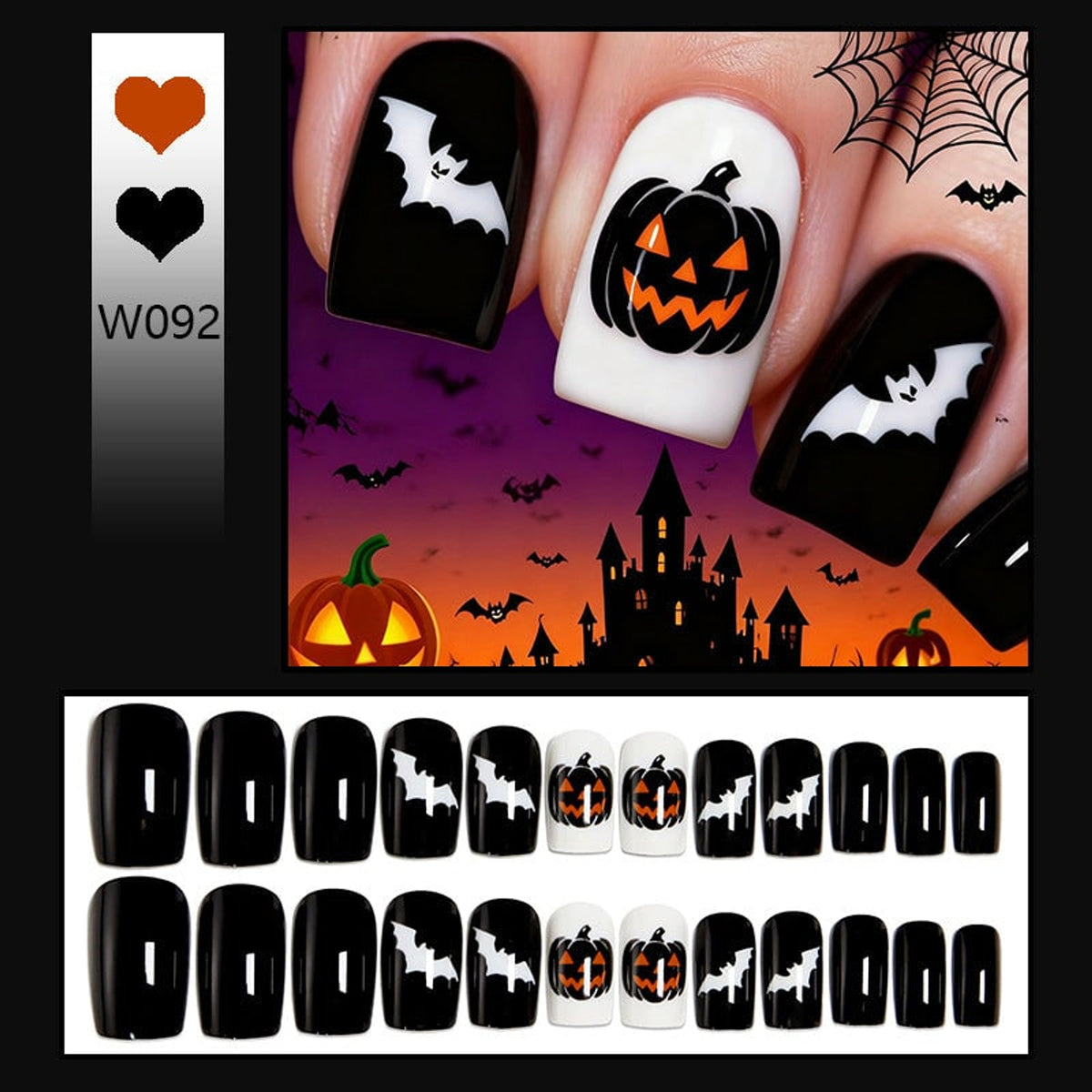 Halloween Press On Nails With Spooky Bat & Pumpkin Art Designs - Image 1