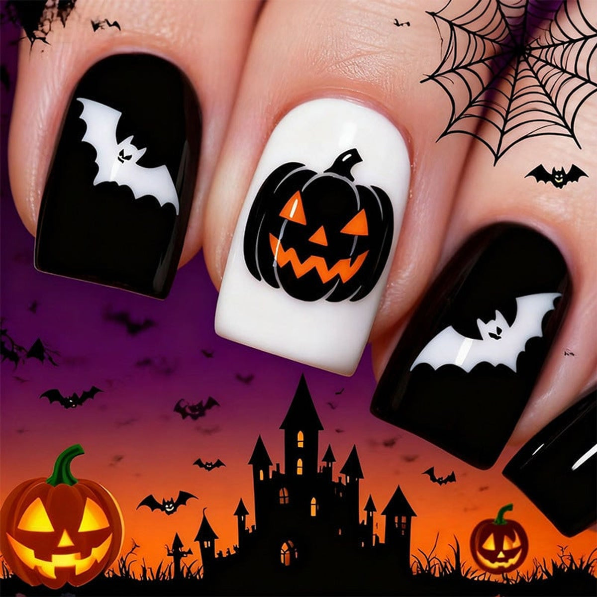 Halloween Press On Nails With Spooky Bat & Pumpkin Art Designs - Image 5