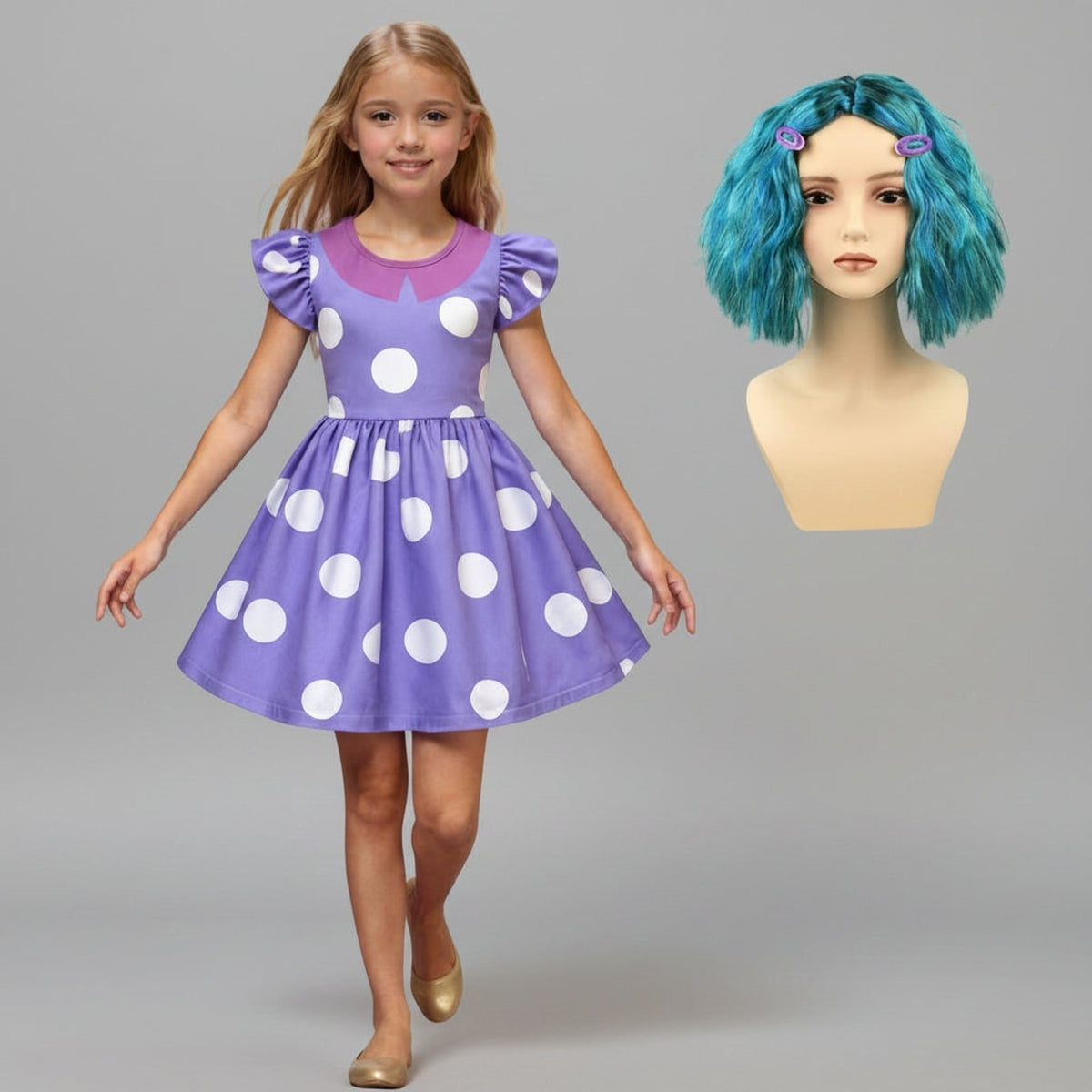 Halloween Princess For Purple Polka Dot Costume With Flutter Sleeves Soft Durable Fabric Easy Slip-On Design - Image 2