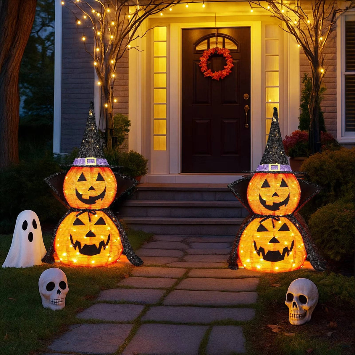 Halloween Pumpkin Decoration Lighted Witch Stacked Set For Outdoor Garden Decor Warm White Lights - Image 2