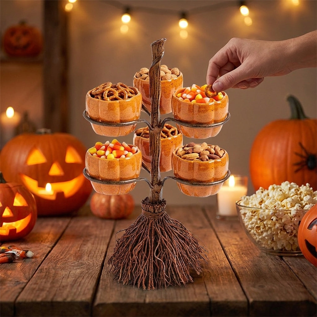 Pumpkin Decorations Halloween Decoration Broomstick Snack Bowls Rack - in-use